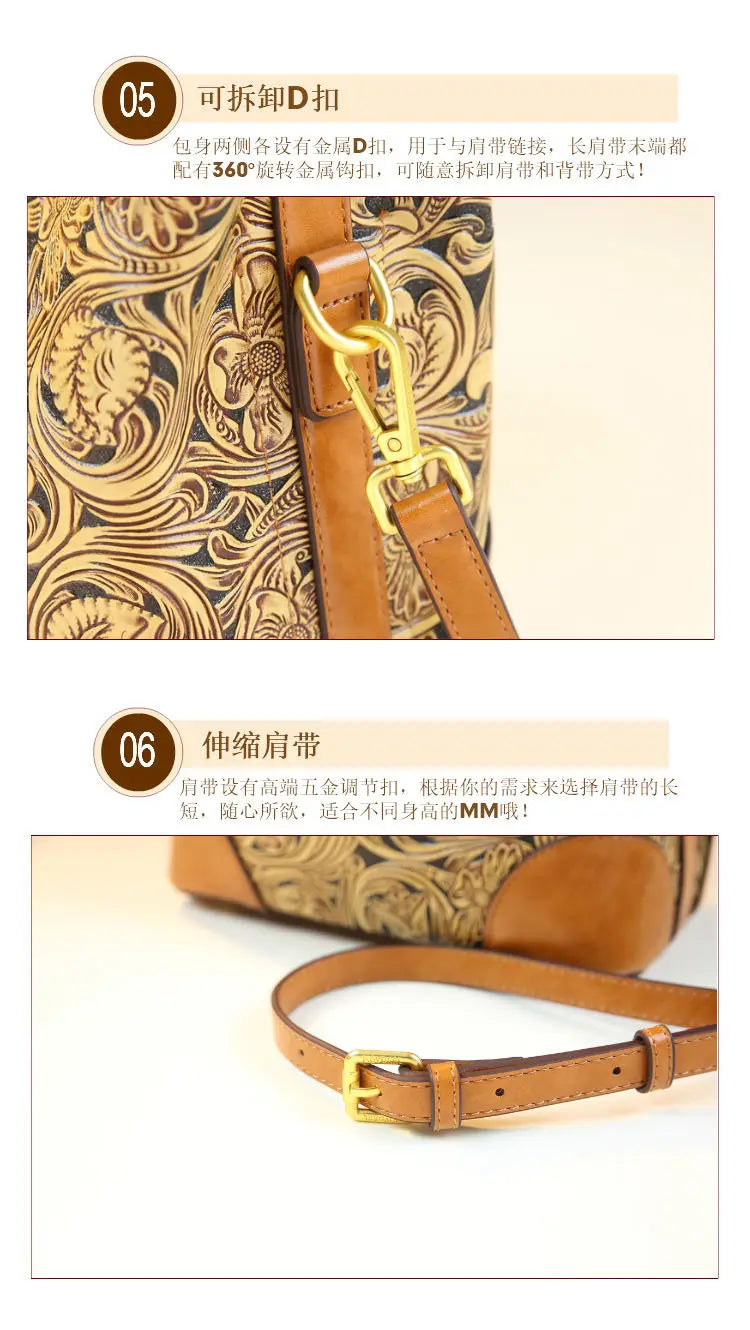 Retro Cowhine Carved Women Bag Handhold Bucket Leather Commuting Shoulder Underarm Crossbody Bags for Women