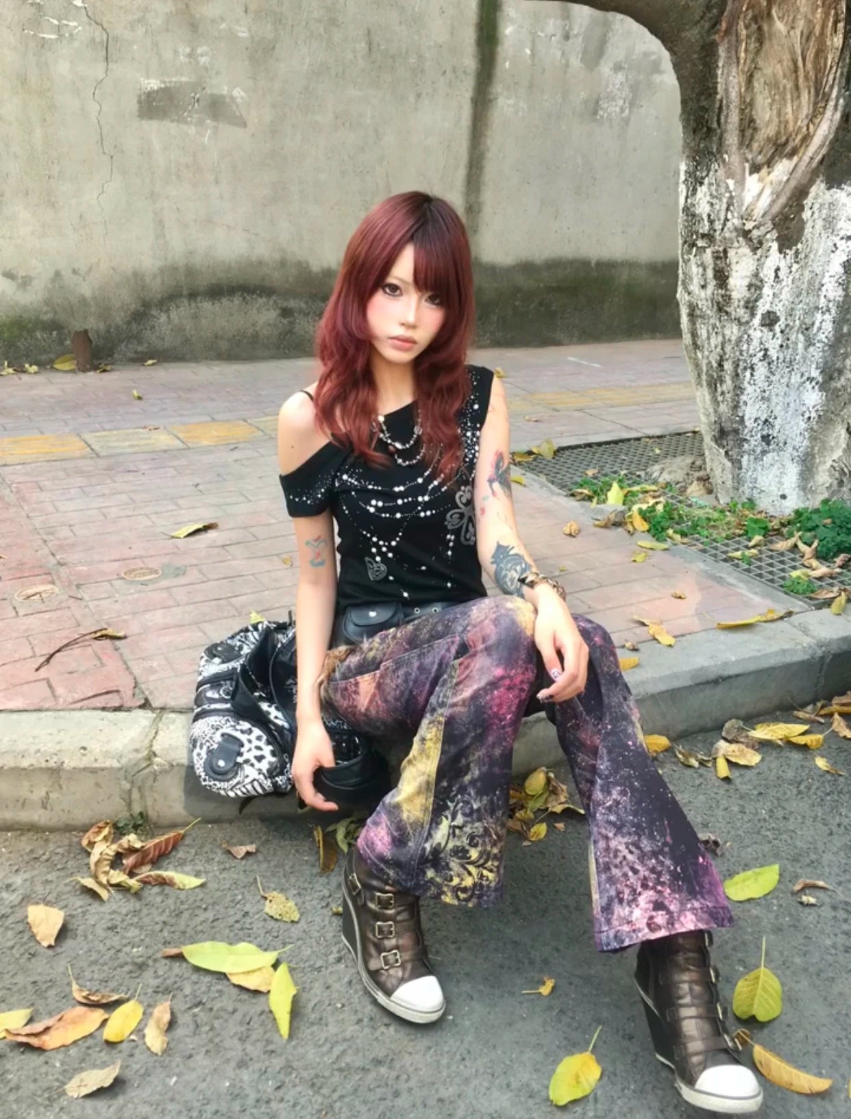 Karrram Japanese Y2k Off Shoulder T-shirt Grunge Aesthetics Rhinestones Print T Shirt Trashy 2000s Style Tops Vintage Harajuku