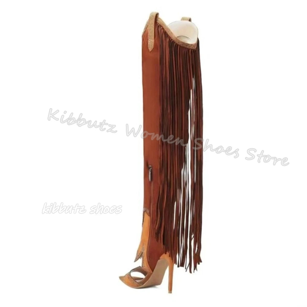 Fringe Over The Knee Sandal Boots Suede Fashion Novelty Sexy Elegant Comfortable Women Shoes New Pointed Toe Thin Heels Slip-On