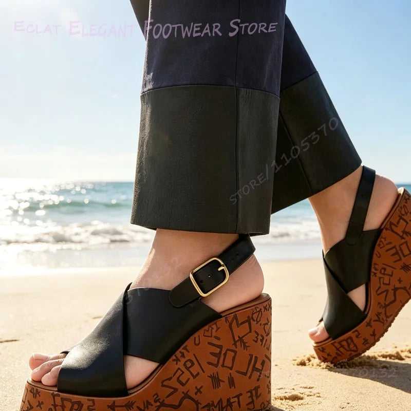 Bold Graphic Print Platform Wedge Sandals for Women