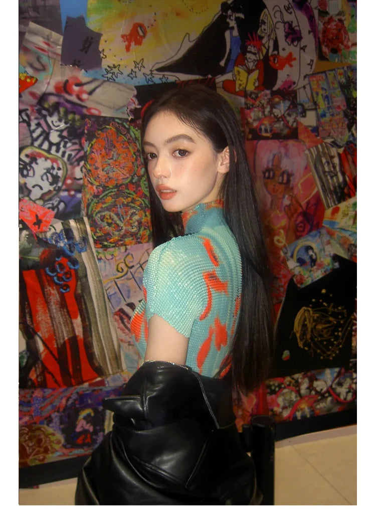 Women Bodycon T-Shirts Short Sleeve Tie Dye Tees Stretch Crop Tops Goblin Core 2000s Coquette Gyaru Aesthetic Kpop Kawaii Summe