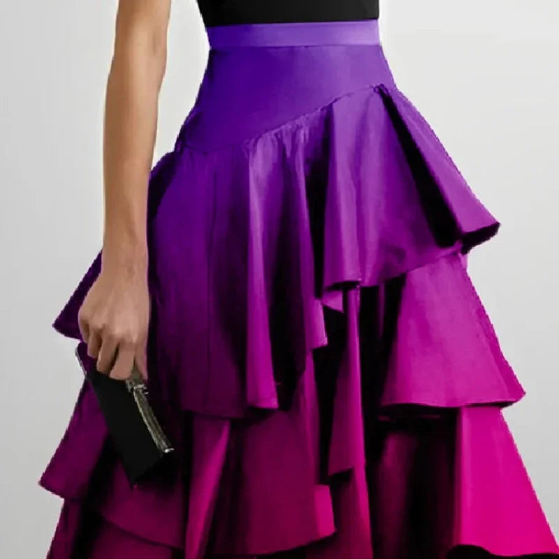 Beautyblue Elegant Party Dresses for Women 2025 Gradient Long Skirts Fashion A-Line Falbala High Waisted Bottoms Skirt Female