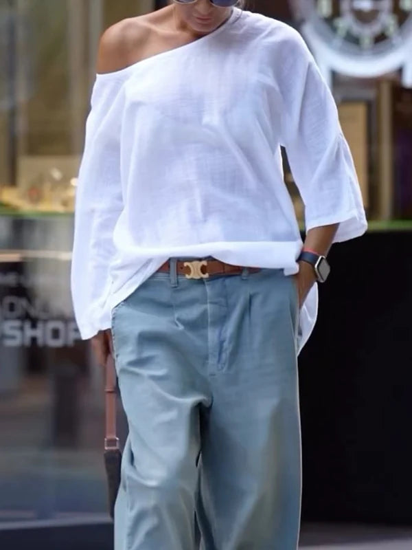 2025 Summer Spring Casual White T-shirts One-shoulder Long Sleeves Loose Simple Basic Tops Tee Shirts S-2XL