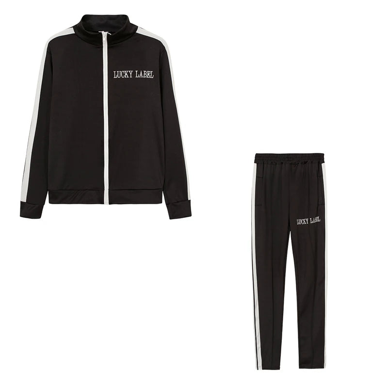 Embroidered Zipper Casual Sports Two Piece Set for Women