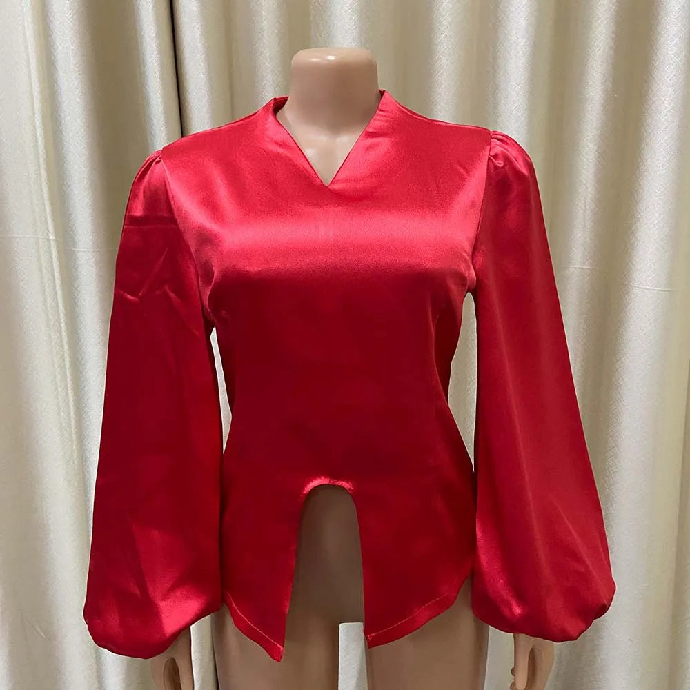 Office Blouse for Women Elegant Stylish V Neck Full Sleeve Front Split Solid Satin Luxury African Party Dinner Occasion Shirts