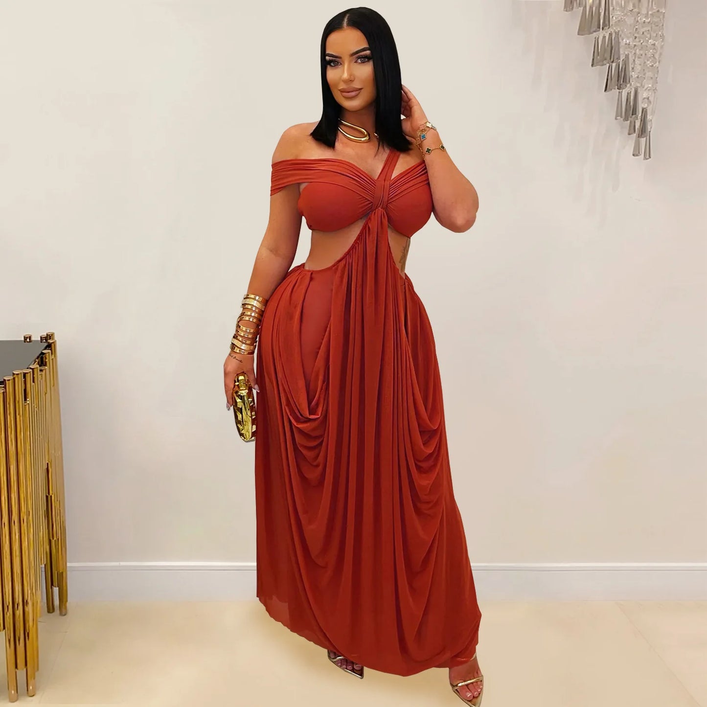 Joskaa 2025 Women's Elegant One Shoulder Strapless Mesh Irregular Maxi Dress Sexy Hollow Backless Skinny Evening Gown Clubwear