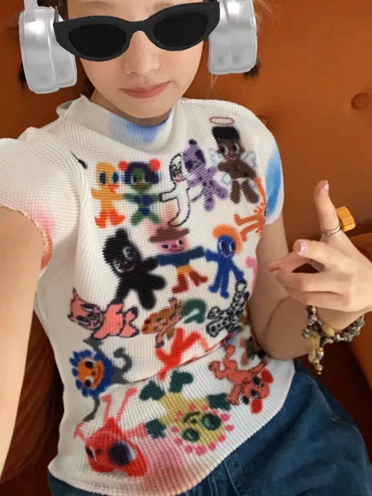 Women Bodycon T-Shirts Short Sleeve Tie Dye Tees Stretch Crop Tops Goblin Core 2000s Coquette Gyaru Aesthetic Kpop Kawaii Summe