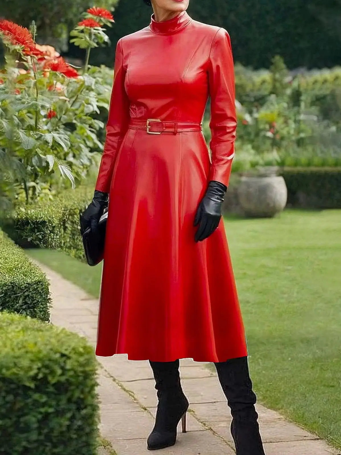 Red Mock Neck Leather Look Maxi Dress
