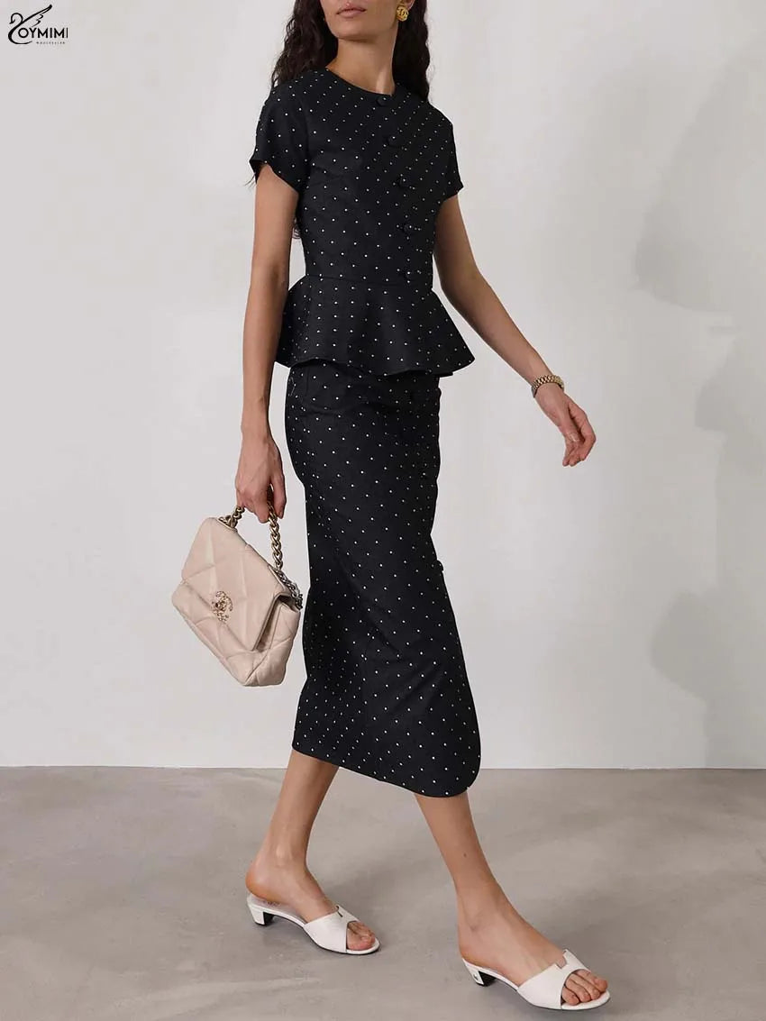 Oymimi Fashion Black Print Two Piece Outfits Woman Elegant Short Sleeve Button Blouses And High Waisted Slim Mid-Calf Skirt Sets