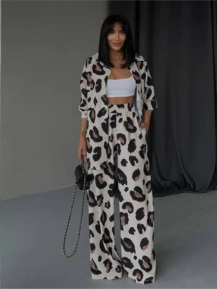 Fashion Leopard Print Women's Two Piece Sets Elegant Casual Button Streetwear Long Sleeve Shirt And Wide Leg Pants 2 Piece Sets