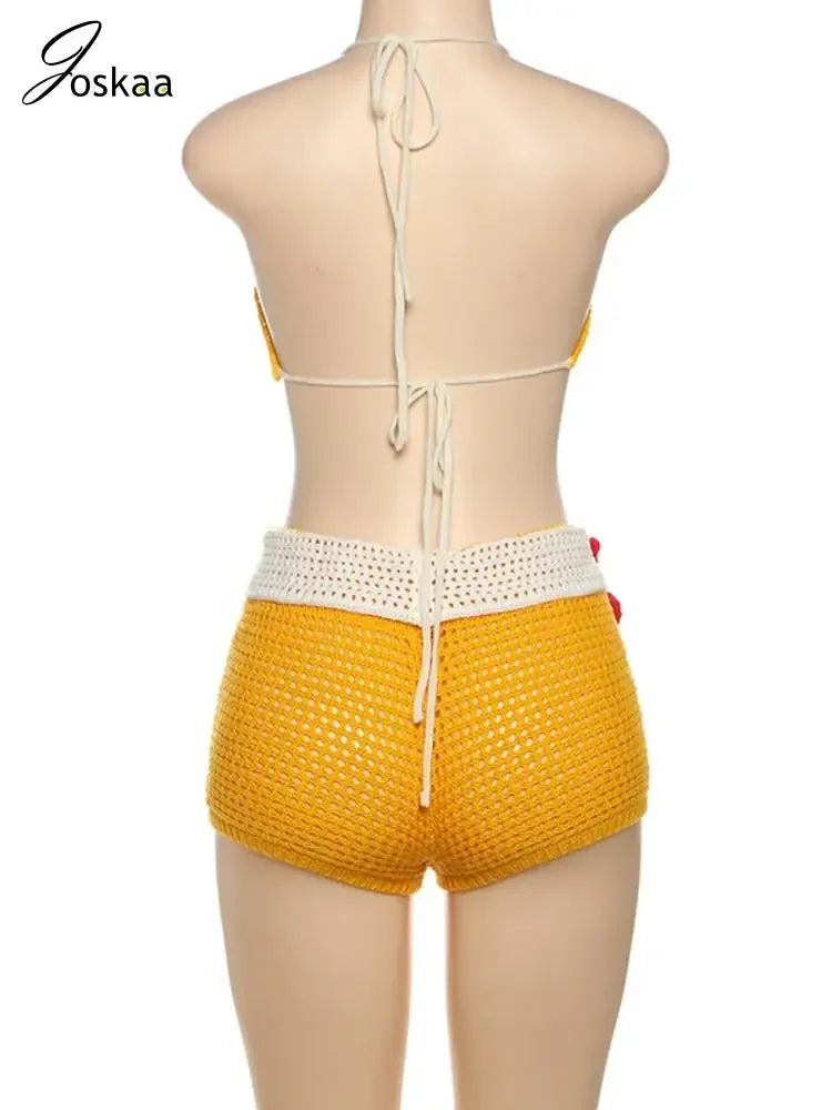 Joskaa 3D Flower Knit Beach Style 2 Piece Sets Women Sexy Halter Bra and Patchwork Shorts Matching 2025 Summer Holiday Outfits