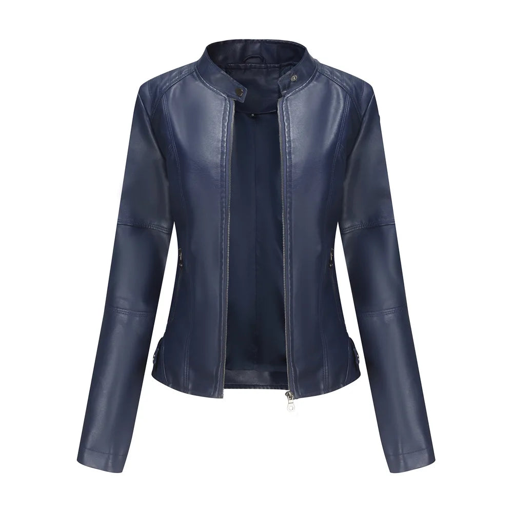 Women Leather Jacket 2025 Spring Autumn Black PU Leather Coat Stand-up Collar Motor Biker Jacket