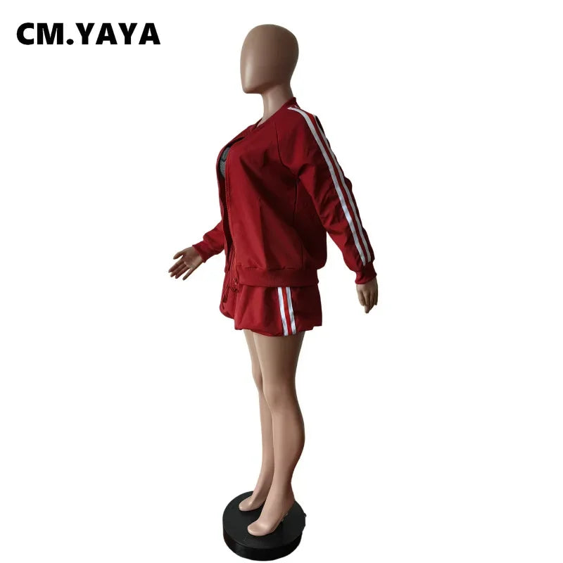 CM.YAYA Women Mini Skirts Set +Full Sleeve Striped Sweatshirt Two 2 Piece Set Outfits Fall Casual Street Night Club Cute Outfits