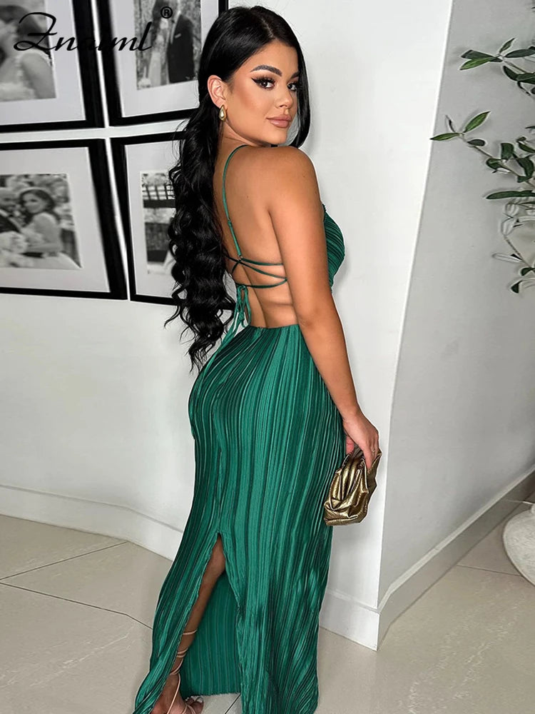 Znaiml Sexy Women Green Prom Gowns Off The Shoulder Long Maxi Dresses Satin Halter Pleated Backless Formal Evening Gown Vestidos