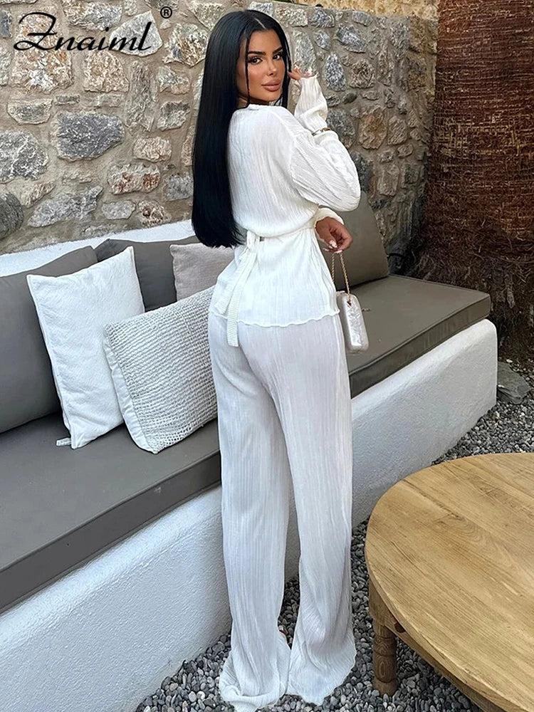 Znaiml Elegant Pleated Two 2 Piece Sets Women Full Sleeve V-neck Belt Tops and Wide Leg Pants Office Lady Outfits Vacation Suits