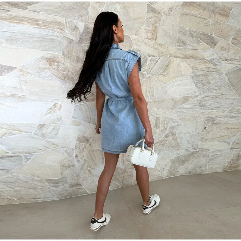 Vintage Women's Short-sleeve Denim Dress Button-front Lapel With Belt Casual Workwear Elegant Female Vestidos Summer 2025