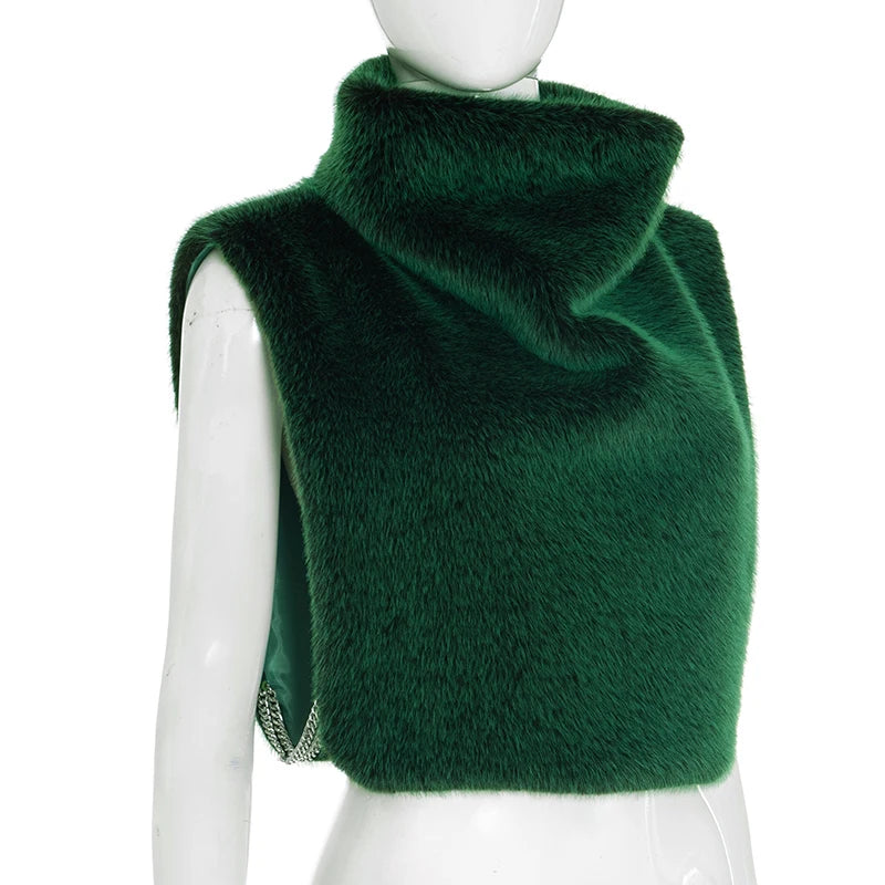 Weird Puss Turtleneck Furry Tank Tops Women Y2K Sexy Side Split Chic Fall Trend Midnight Basic Street Furs Hipster Clubwear Vest