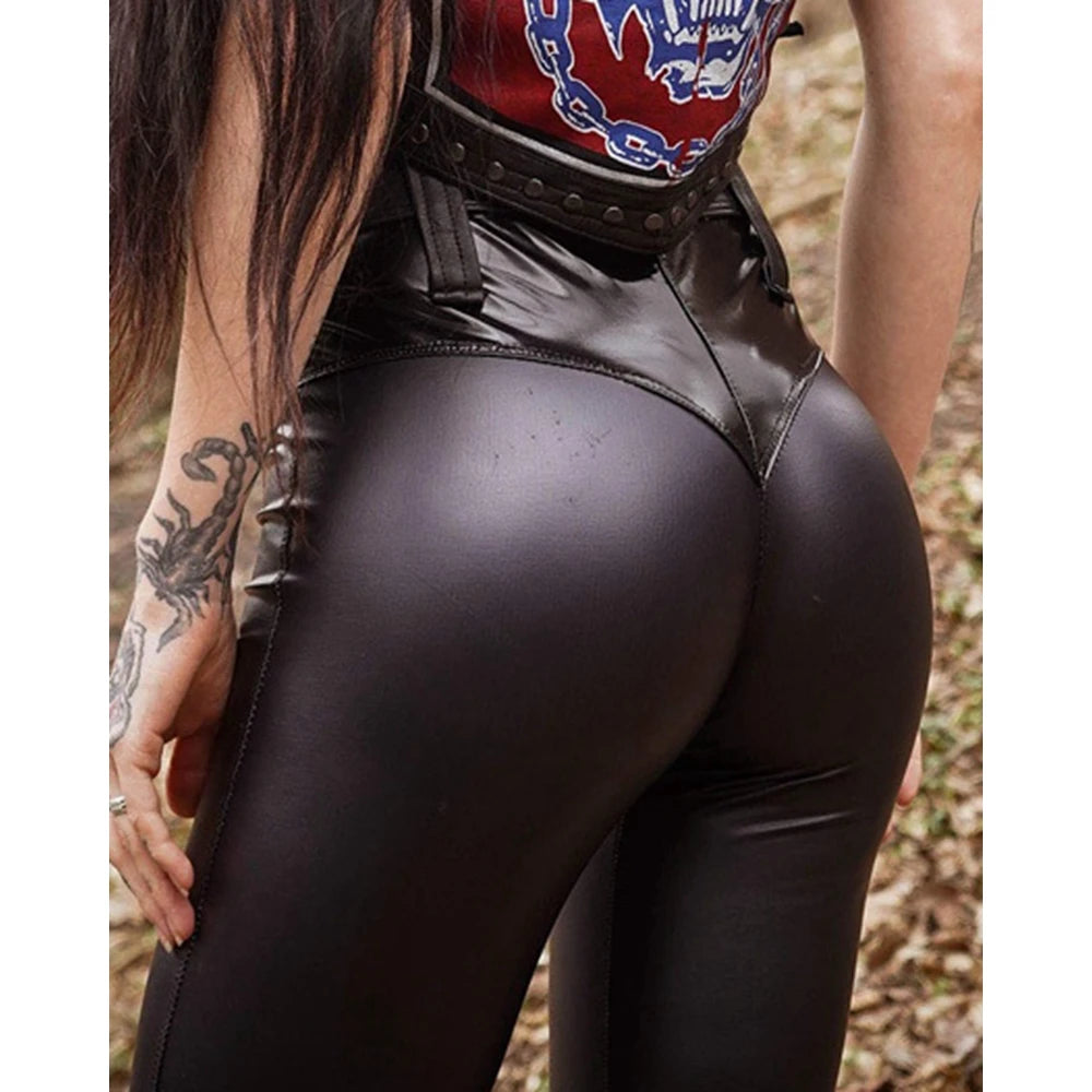 2025 Spring Autumn Women High Waist PU Leather Skinny Push Up Pants Sporty Female Faux Leather Leggings Streetwear Clothing traf