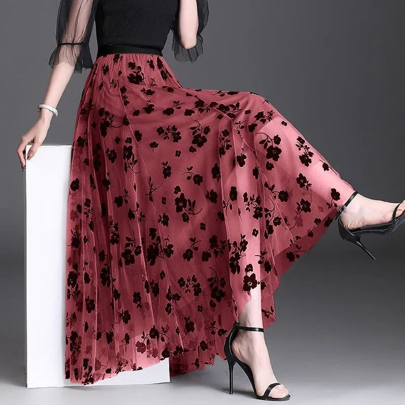 Flocking Floral Pirnted Long Mesh Skirt for Women, High Waist, Max Pleated Tutu, Tulle Skirt, Gauze Skirt, Female, 2025