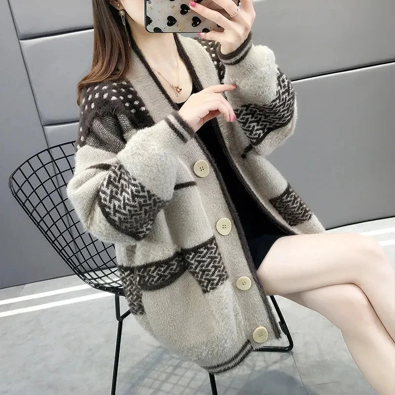 Mink Velvet Knitted Cardigan Jacket Women's 2022 New Loose Ladies Sweater Outerwear Spring And Autumn All-Match Button Jacket