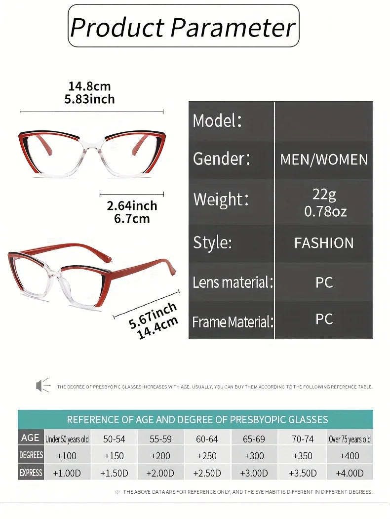 Vintage Cat-Eye Full Rim Reading Glasses Non-Prescription, PC Frame & Lens, Elegant Design, Range 1.0 to 4.0