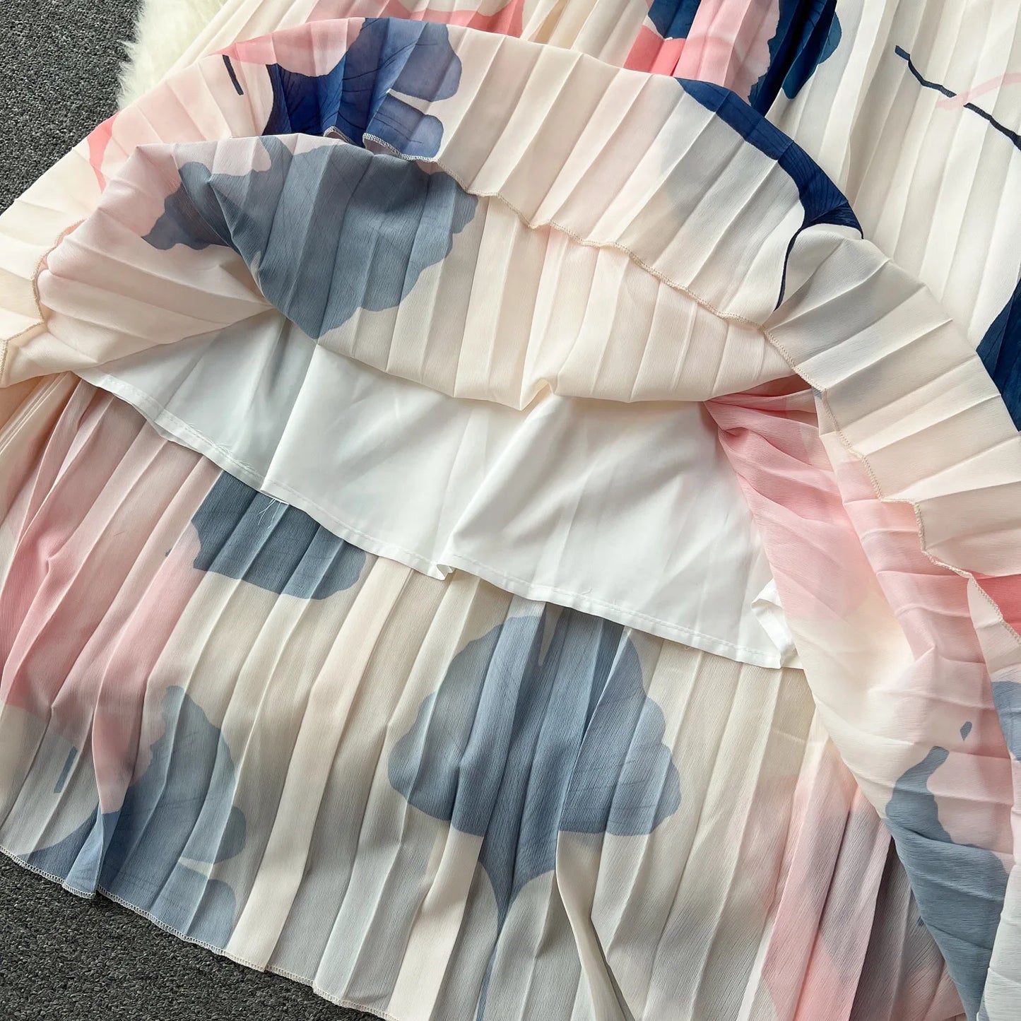 Summer Contrast Color Miyake 2 Pieces Set Women's Short Sleeve High Stretch Pullover Shirt Top+Long Pleated Chiffon Skirt Suit