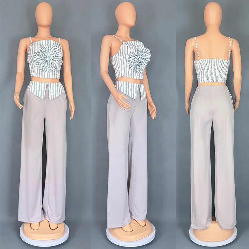 CM.YAYA Fashion Women's Set Striped Strap Floral Applique Crop Top and Wide Leg Pants Suit 2025 Two 2Piece Sets Outfit Tracksuit