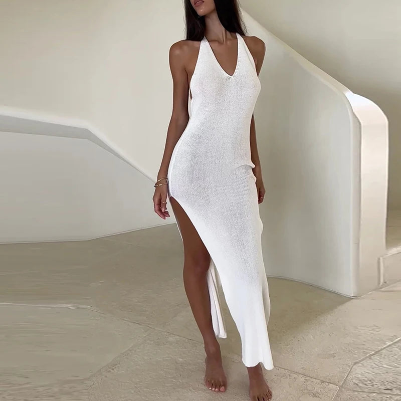 Backless Halter Knit Split Hem Beach Dress for Women