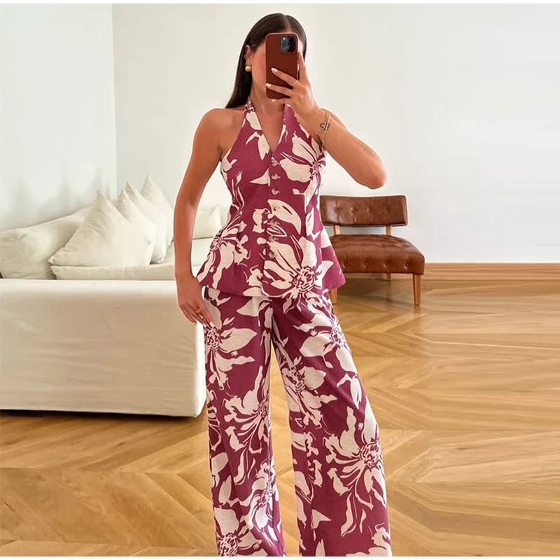 Halter Print Top Pants Set Women Backless Crop Tops Wide Leg Baggy Pants Two Pieces Set Chic Vacation Casual Women Outfit