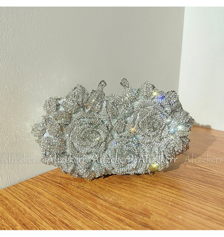 Alizekerr Rose Crystal Evening Clutch Bags Women New Luxury Boutique Sparkling Diamond Flower Purses And Handbags Wedding Party
