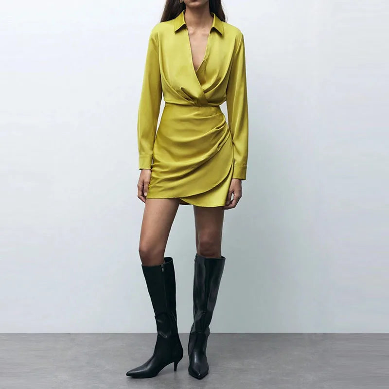Casual Office Wrap Hip Short Dresses Autumn New Satin Solid Color A-line Dress 2025 Fashion V-neck High Waist Pleated Mini Dress