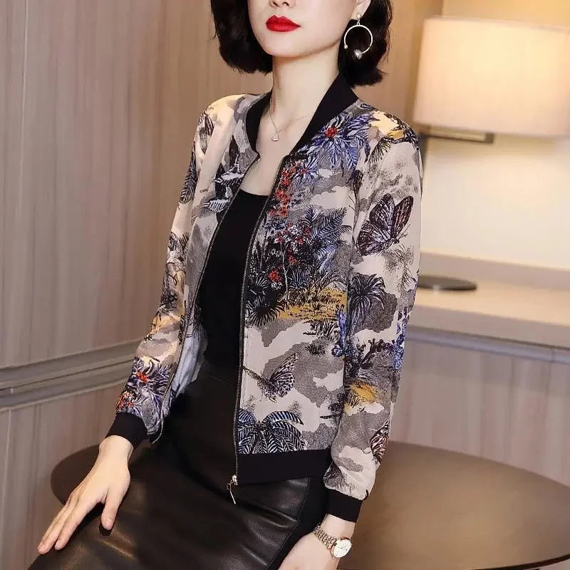 Fashion Print Jacket Female Spring Top 2024Summer UV Protection Joker Short Chiffon Sunscreen Clothing Female Top Thin Shirt Top