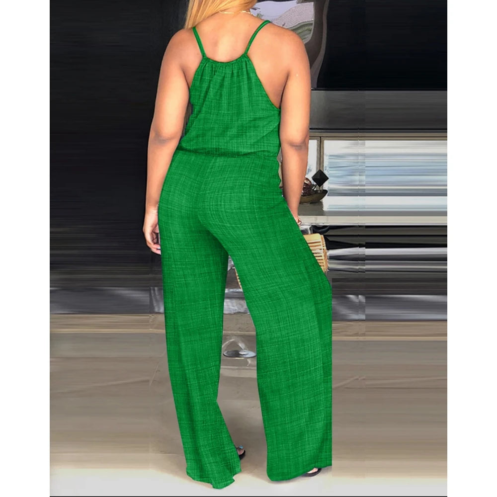 Women Solid Color Round Neck Wide Leg Straight Overalls Summer Spaghetti Strap Drawstring Waist Casual Black Jumpsuits