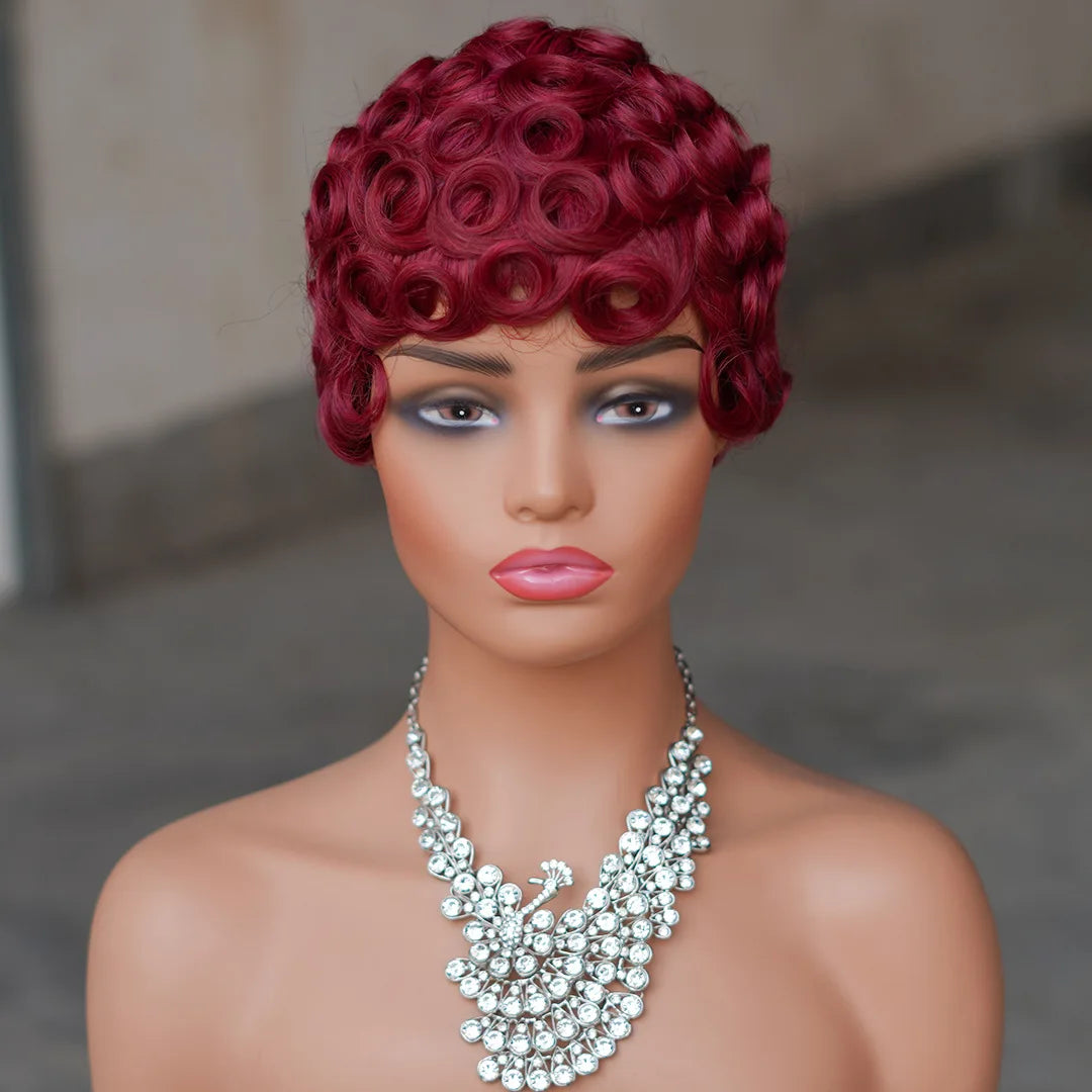 Premium Short Pixie Wig for Black Women 99J Brazilian Virgin Remy Hair Natural Small Curls Comfortable & Durable