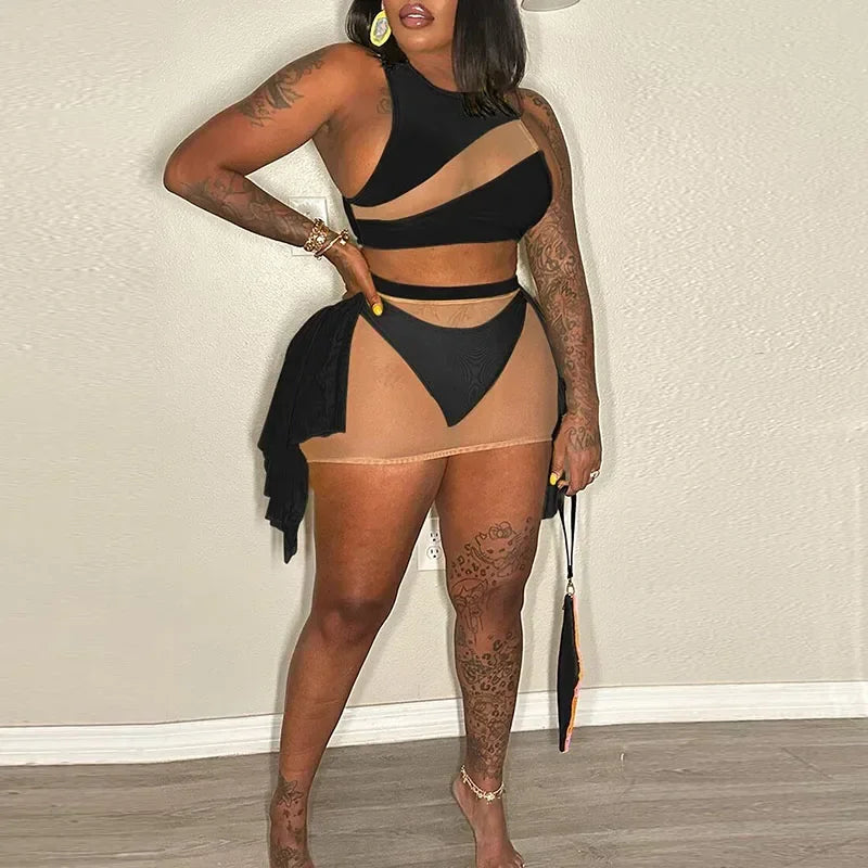 Sexy Mesh See-through Patchwork 2 Piece Sets Women Outfit Festival Clothing Tank Crop Top and Mini Skirt Set Night Club Outfits