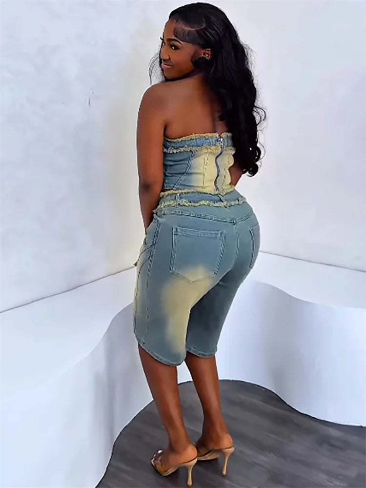 Weird Puss Cowboy 2 Piece Set Women Vintage Hipster Wrap Zip Backless Tube Tops+Button Straight Shorts Sexy Summer Matching Suit