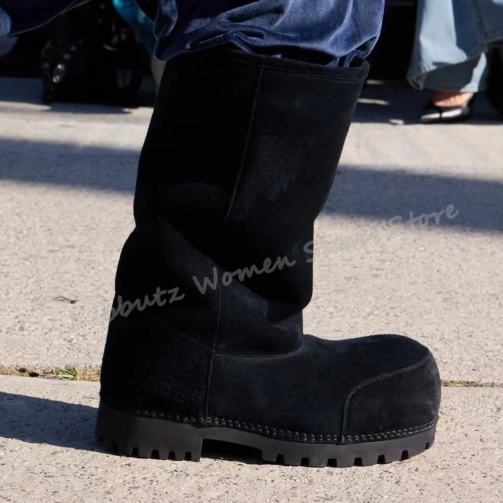 Suede Warm Winter Snow Boots Knee High Big Round Toe Flat With Outdoor Fashion Concise Luxury Sexy Novelty Slip-On Shoes Newest