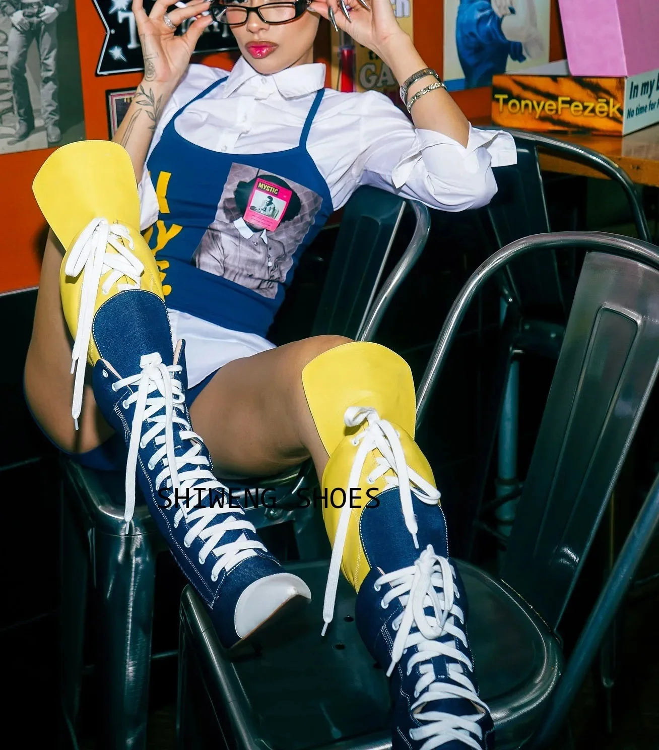 Patchwork Canvas Knee Boots