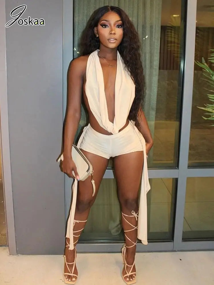 Joskaa 2025 Summer Beach Style 2 Piece Sets Women Sexy Backless Bandage Halter Tops and Ribbons Shorts Matching Vacation Outfits