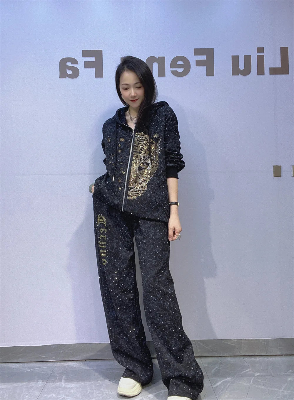 2025 Autumn Tie-dye Zipper Hooded 2 Piece Sets Woman Casual Sequins Oversized Straight Pant Sets Vestidos Sportsuits Bust 130cm