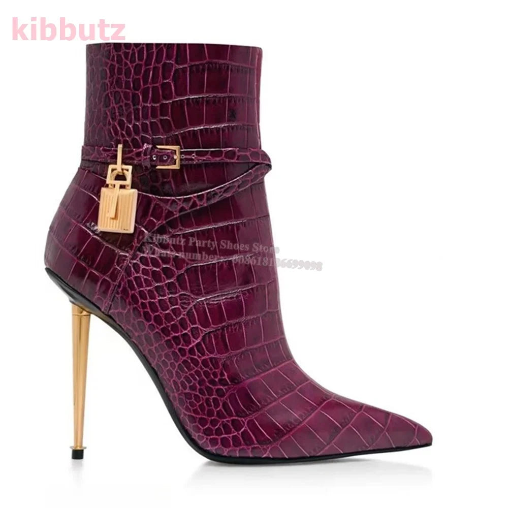 Metal Padlock Key Ankle Boots Genuine Leather Solid Color Pointed Toe Thin Heel Suede Side Zipper Fashion Runway Show Elegant