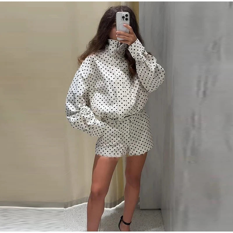 Loose Polka Dot Zipper Women's Shorts Set Stand Collar Patchwork Full Sleeve Pockets Jacket Tie Up Short Pant Suit Summer Outfit