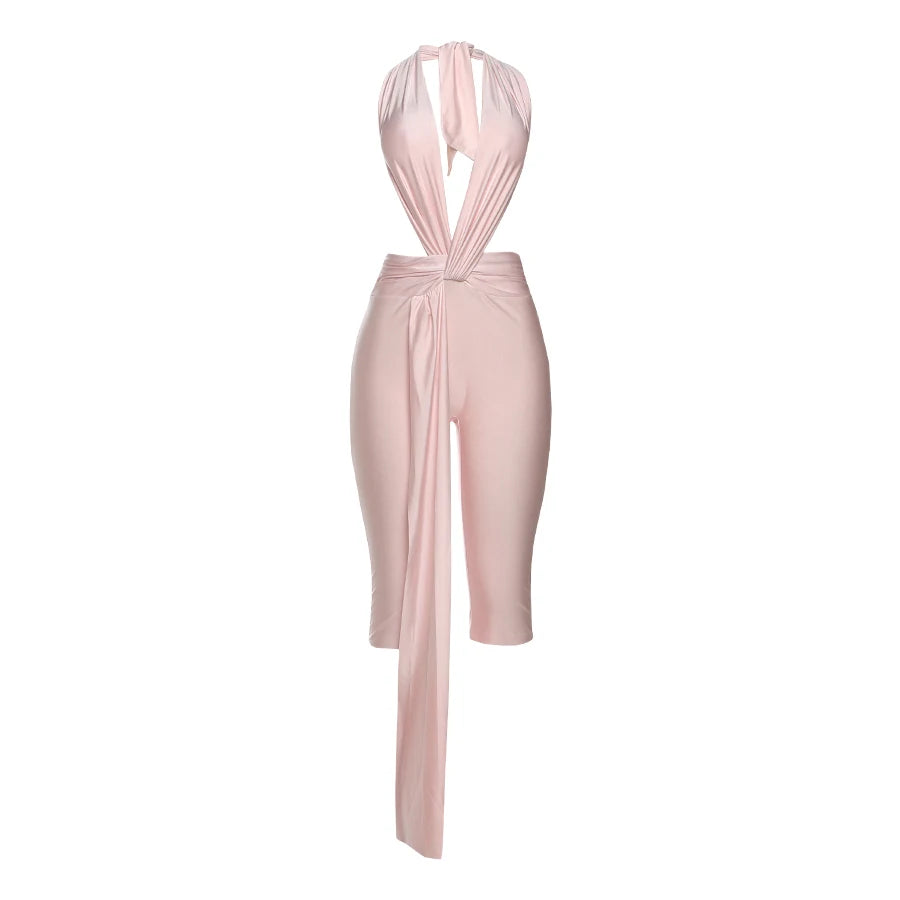 Weird Puss Patchwork Halter Romper Women Ribbon Sleeveless Elastic Backless Workout Activewear Midnight Activity Slim Playsuits