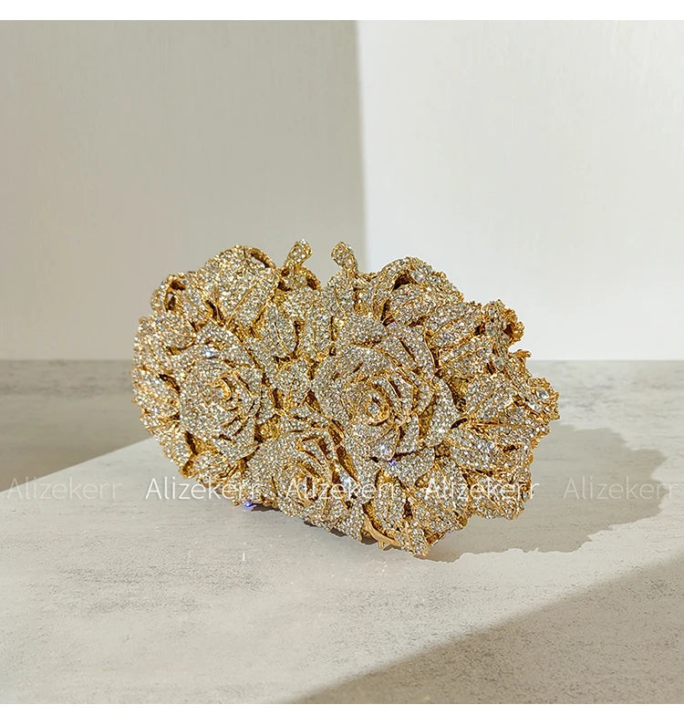 Alizekerr Rose Crystal Evening Clutch Bags Women New Luxury Boutique Sparkling Diamond Flower Purses And Handbags Wedding Party