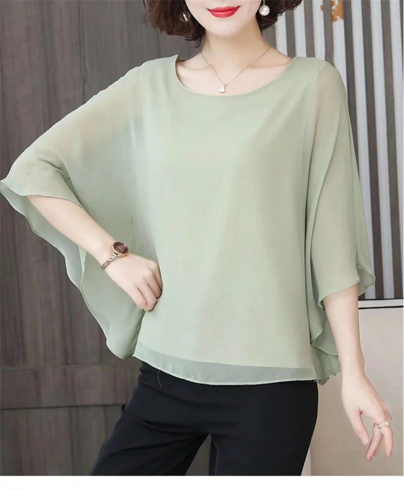 4XL Bat Shirt Summer Women's Loose T-shirt Small Shirt 2025 Spring/Summer Large Wrinkle Resistant And Elegant chiffon Top Green