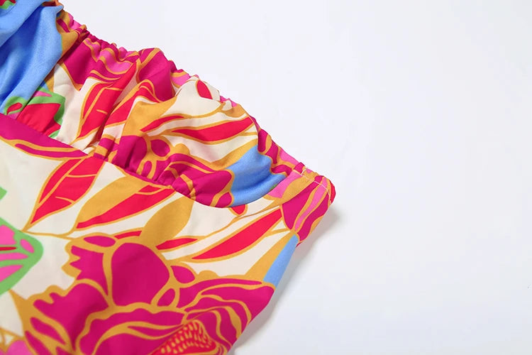 Weird Puss Colorful Print Strapless Dress Women Sexy Off Shoulder Backless Ruched Ruffles Vacation Y2K Sweet Style Mini Bodycon