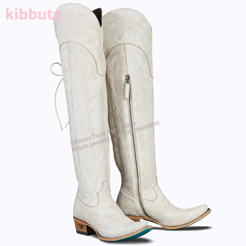 Rivet Cowboy Vintage Boots Over The Knee High Embroidery Lace-Up Luxury Leather Pointed Toe Chunky Heels Fashion Concise Shoes