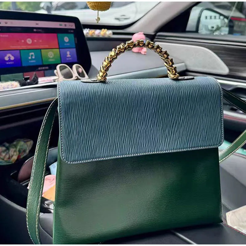 Brand Designer Small Square Bag Elegant Blue Green Stitching Fashion Trend Personality Texture Shoulder Bag Pu Leather Handbag