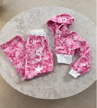 American hot girl casual pink camouflage versatile short slim zipper hooded sweatshirt loose straight sweatpants two-piece set