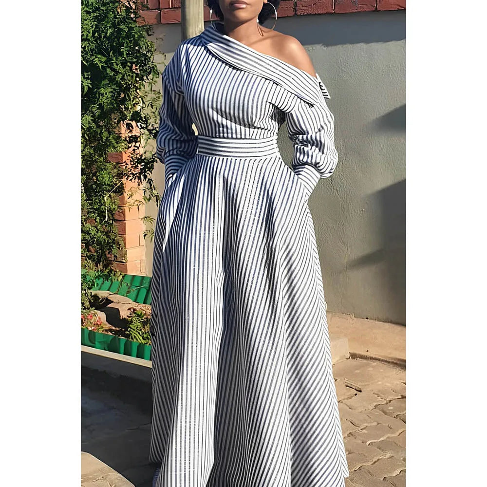 Plus Size White Casual Dress Ash Stripe Oblique Collar One Shoulder Maxi Dress With Pocket